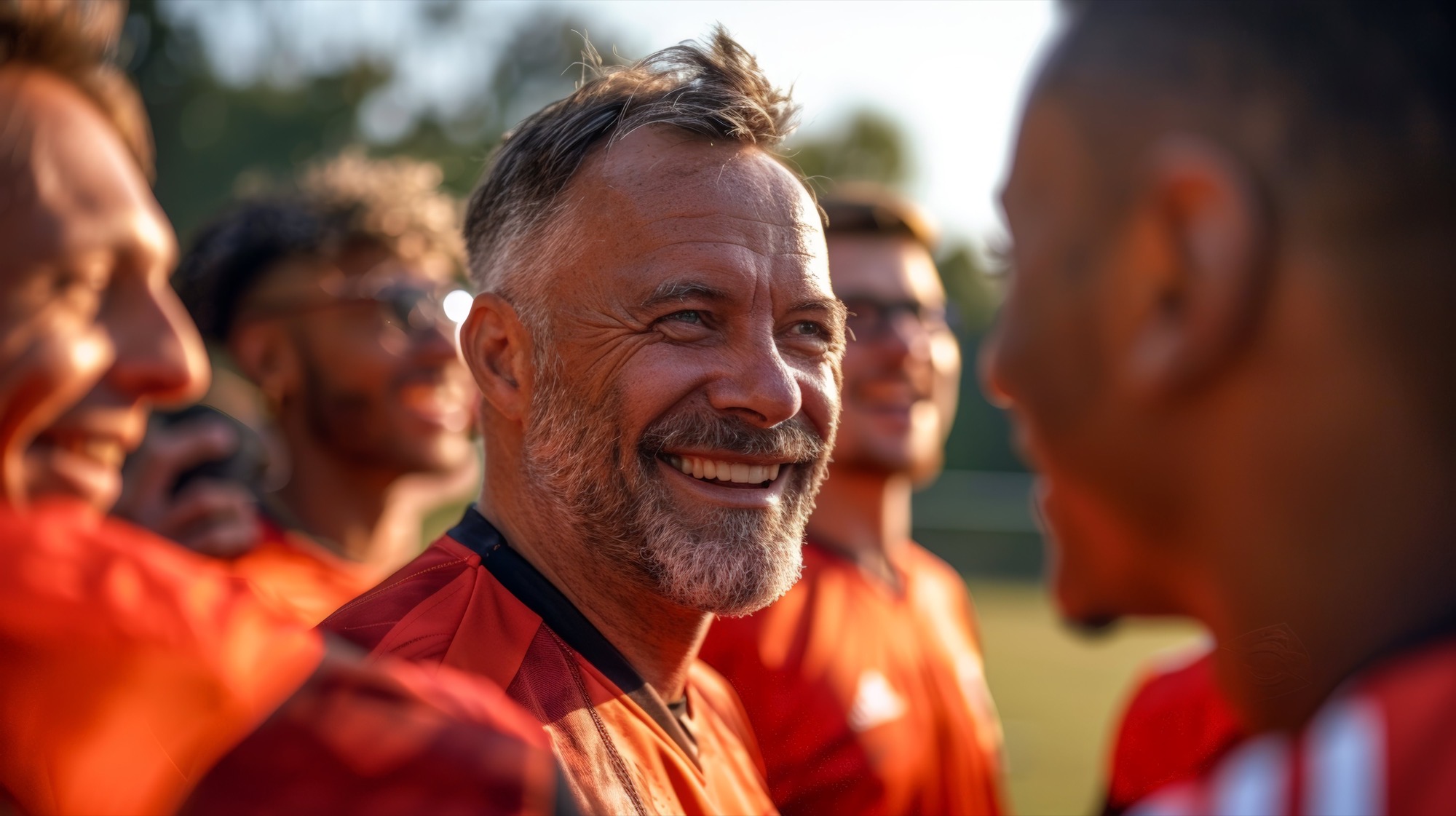 A smiling walking football player surrounded by teammates in kit, in warm evening light