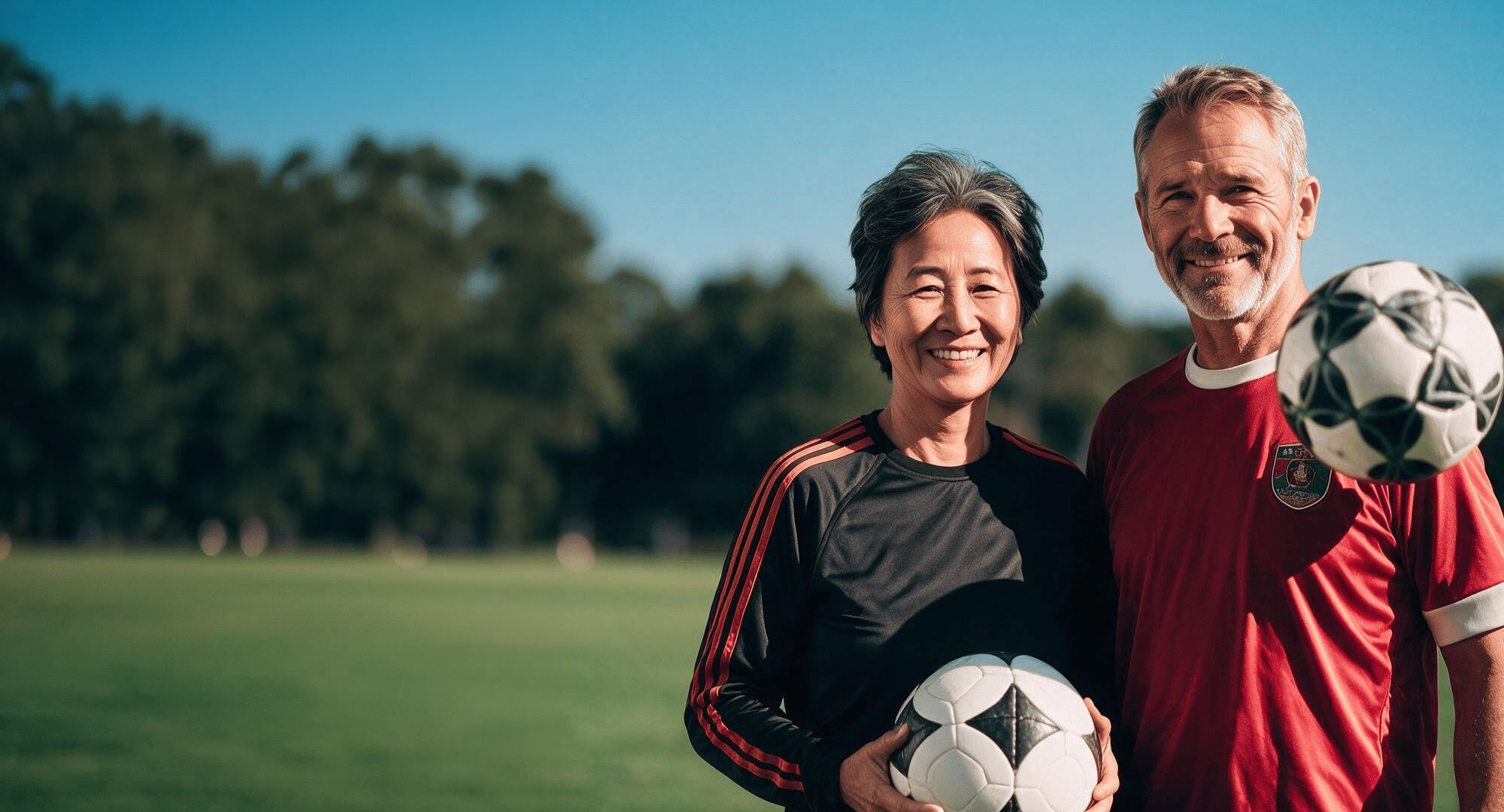Two smiling walking football players in kit, holding footballs, on a pitch under a blue sky